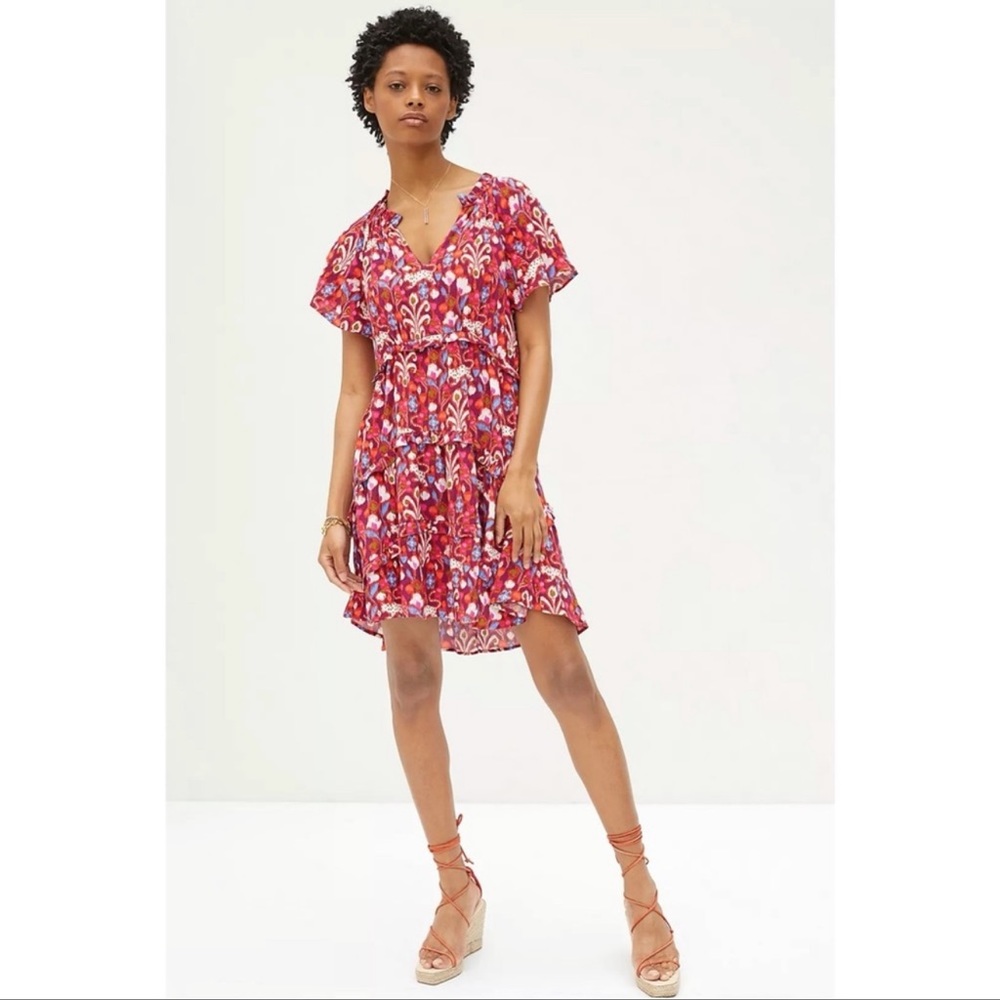 ANTHROPOLOGIE Raspberry Robin Tiered Spliced Neck Floral Ruffle Mini Dress M
